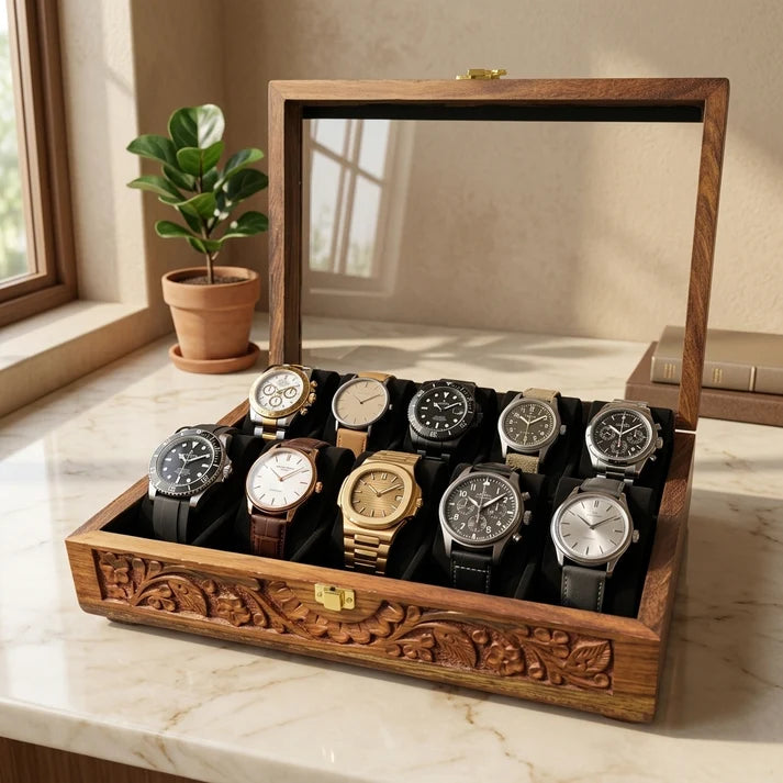 10 Watches – Carving – Glass Top – Black – Hard Pillows