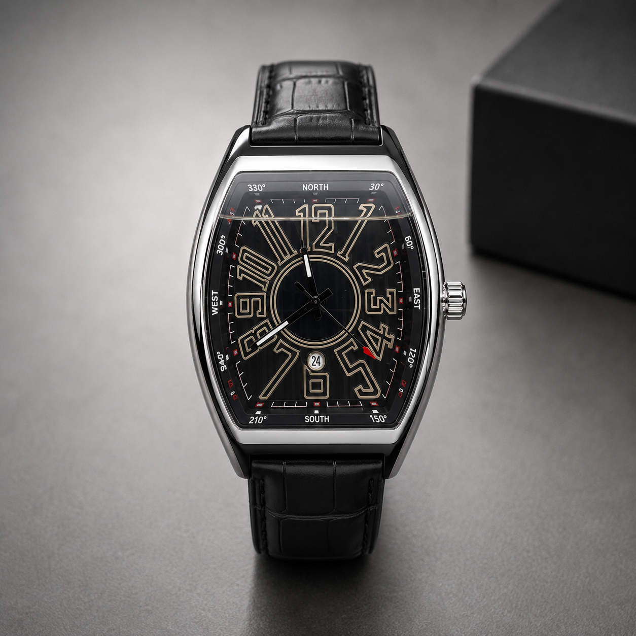 Tonneau Black Dial Luxury Watch – Black Leather